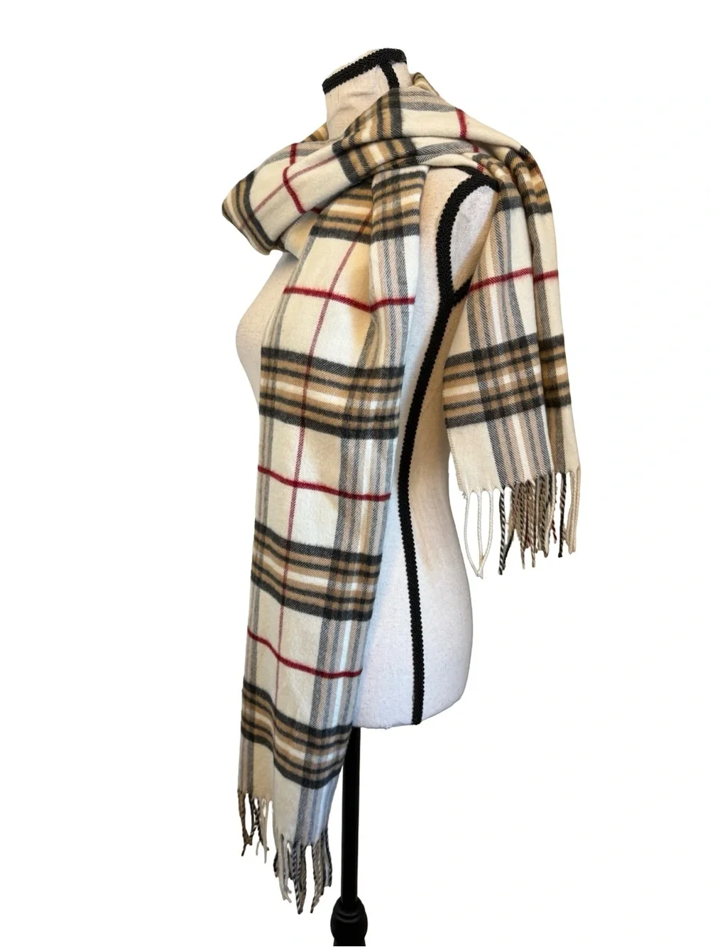 Cashmink V. Fraas Plaid Scarf Cream Beige Red Fringe Soft Wrap Made in Germany